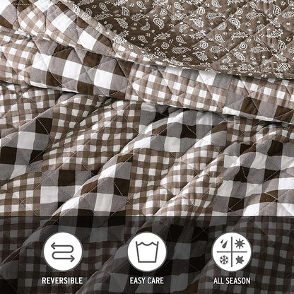 Eddie Bauer - Full/Queen Quilt Set, Reversible Bedding with Matching Shams, Patchwork Luxurious Bedding Set (Gingham Patchwork Brown, Full/Queen)