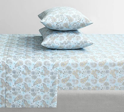 Feather & Stitch Softest 100% Cotton Sheets, 300 Thread Count Percale Weave Bedding, 16" Deep Pocket, Cooling Sheets, Breathable Bed Set, Hotel Premium Quality (Full, Aqua Paisley)