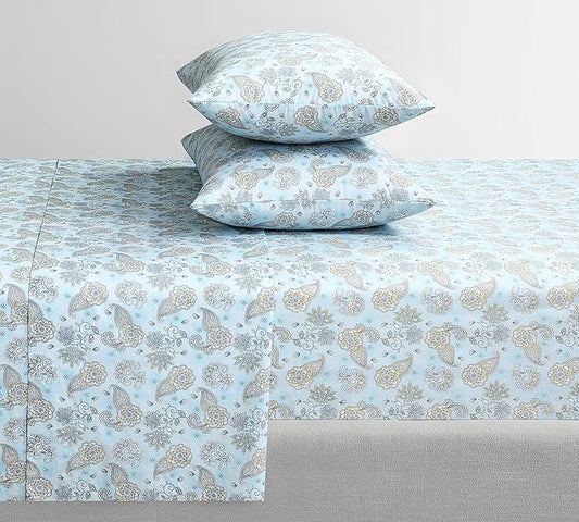 Feather & Stitch Softest 100% Cotton Sheets, 300 Thread Count Percale Weave Bedding, 16" Deep Pocket, Cooling Sheets, Breathable Bed Set, Hotel Premium Quality (Full, Aqua Paisley)
