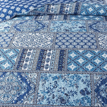 HoneiLife Rustic Quilt Sets Queen - 3 Pieces Microfiber Quilt Sets Lightweight Bedspreads Floral Coverlets Retro Bed Cover All Season Quilts-Blue