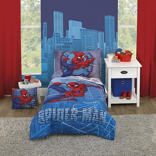 Spider-Man themed bedroom with cityscape wall mural and matching bedding.