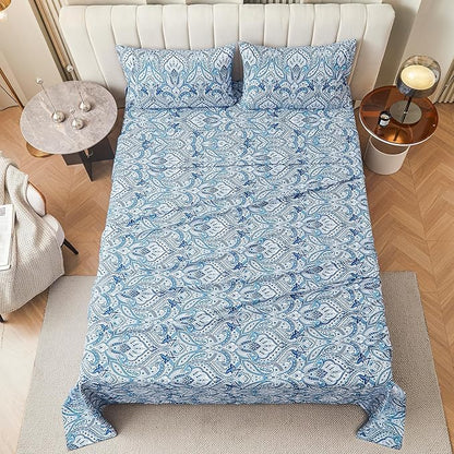 Softan Blue Paisley Printed Bed Sheets King Size, Floral Sheet Set King, Brushed Polyester Microfiber Fitted Sheet with 15" Deep Pocket & Non-Slip Straps, Blue Flower Patterned Sheet & Pillowcase Sets
