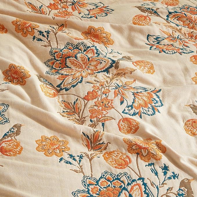 Boho Throw Blanket for Bed 80”x90”, 100% Cotton Woven Blanket for Couch Sofa, Ultra Soft 4-Layer Muslin Quilt with Floral Printed, Farmhouse Bed Blanket/Cover for Living Room Decor