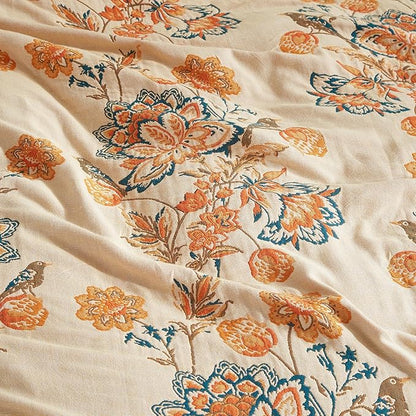 Boho Throw Blanket for Bed 80”x90”, 100% Cotton Woven Blanket for Couch Sofa, Ultra Soft 4-Layer Muslin Quilt with Floral Printed, Farmhouse Bed Blanket/Cover for Living Room Decor