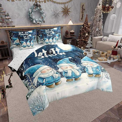 Castle Fairy Winter Night Comforter Set Bed in a Bag 7 Pieces Queen,Cute Gnome Retro Blue Tie Dye Bedding Set,Merry Christmas Theme (Comforter+Fitted+Flat Sheet+2 Pillowcases+2 Throw Pillow Covers)