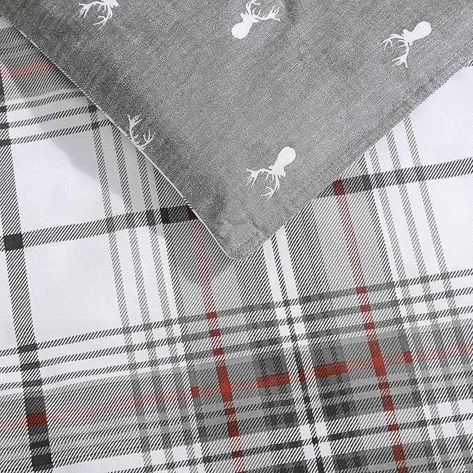 Eddie Bauer - Queen Comforter Set, Reversible Cotton Bedding with Matching Shams, Plaid Home Decor for All Seasons (Alder Grey/Red, Queen)