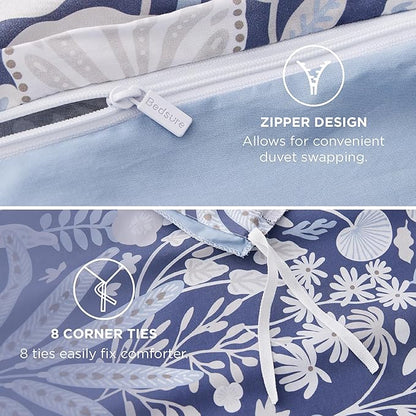Bedsure Duvet Cover Queen Size - 100% Cotton Reversible Floral Duvet Cover Set with Zipper Closure, 3 Pieces Soft & Breathable PureWoven Vintage Indigo Blue Bedding Set with 2 Pillow Shams 20"x26"