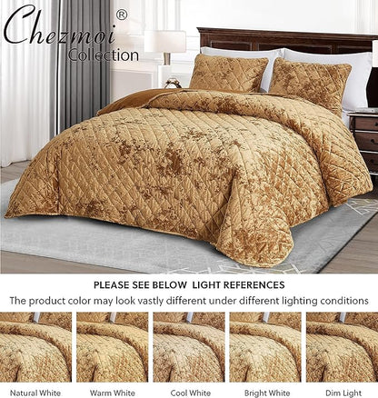 Gold quilted bedding set on a bed with Chezmoi Collection branding.