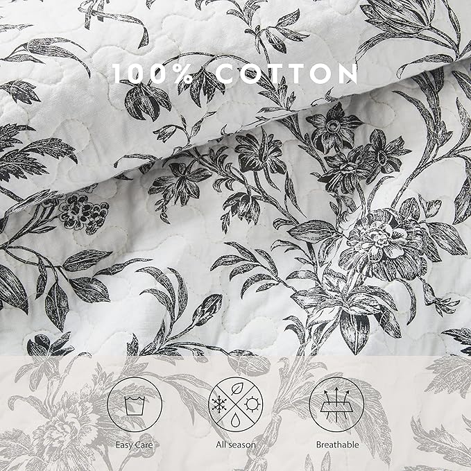 Laura Ashley - Queen Quilt Set, Soft Cotton Bedding with Reversible Design, Medium Weight for Year Round Use, 3 Piece Bed Set with Matching Pillowcases (Amberley Black/White)