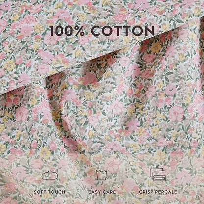 Laura Ashley - Full Sheets, Cotton Percale Bedding Set, Lightweight & Breathable Home Decor, Dorm Room Essentials (Lovestone Pink, Full)