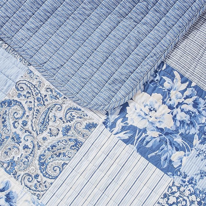 Laura Ashley - Twin Quilt Set, Reversible Cotton Bedding with Matching Sham, Medium-Weight for Year Round Use, Dorm Essentials (Paisley Printed Patchwork Blue)