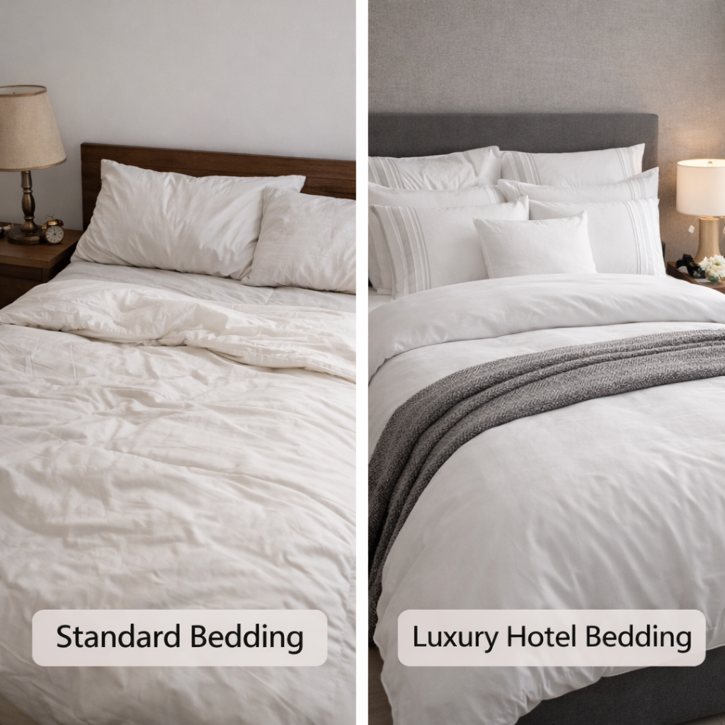 Comparison of standard bedding and luxury hotel bedding with visible labels.