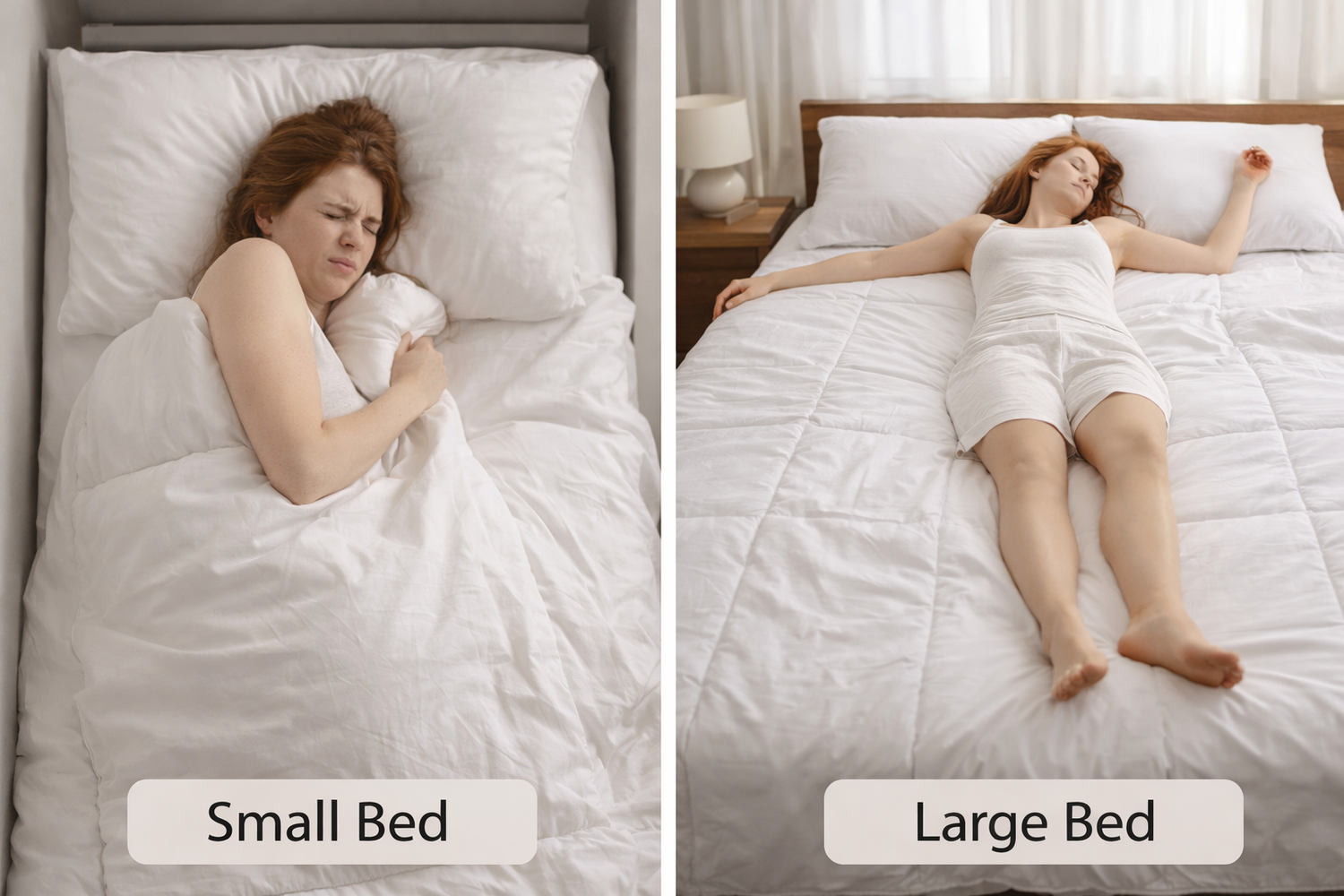 Two images showing a person on a small bed and a large bed with a comforter labeled 'Small Bed' and 'Large Bed'.