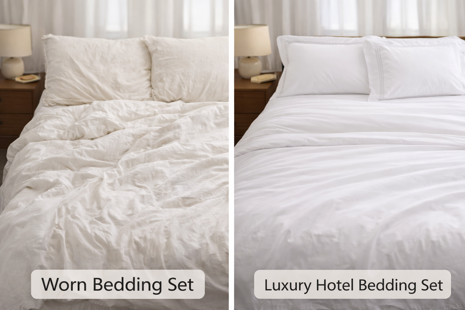 Comparison of worn bedding set vs luxury hotel bedding set on a bed.