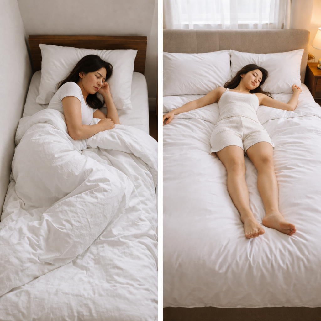 Woman sleeping on a bed with white bedding in two different positions.