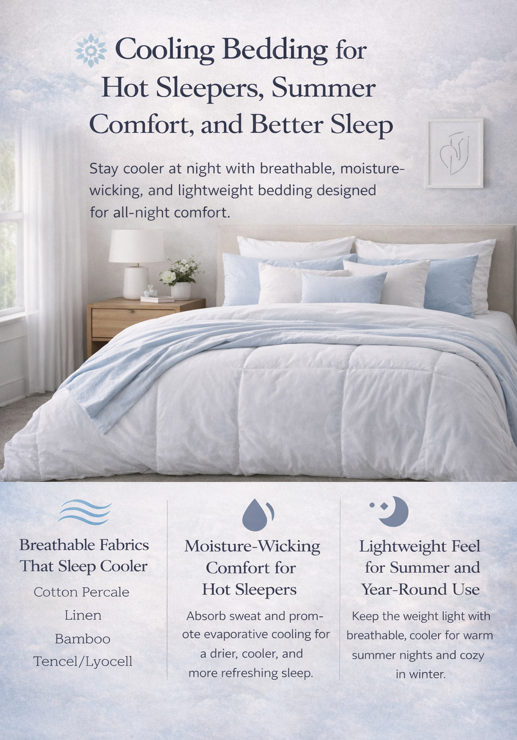 Bed with cooling bedding in a bedroom setting, featuring text about its benefits.