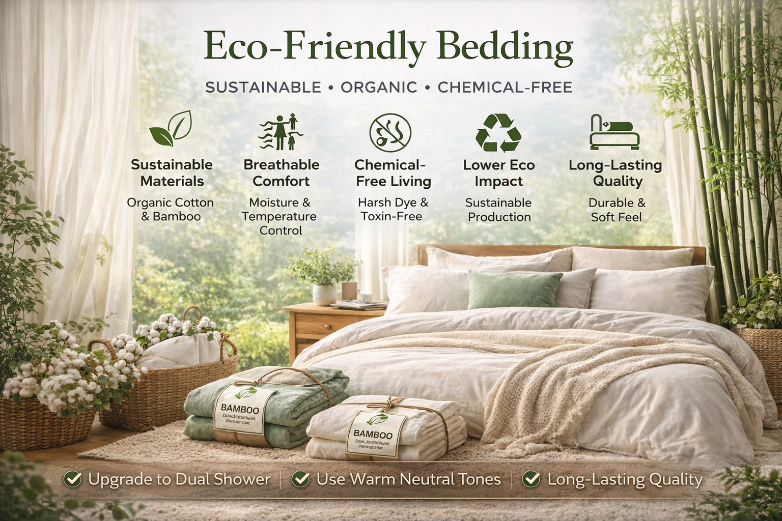 A styled bedroom scene promoting eco-friendly bedding, with a bed dressed in cream and beige linens, bamboo-textured pillows, and folded bamboo bedding samples on the floor. Large text at the top reads 'Eco-Friendly Bedding' with bullet points about sustainable materials, breathable comfort, chemical-free living, lower eco impact, and long-lasting quality.