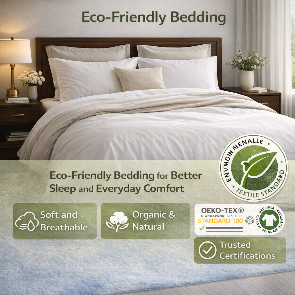 Eco-friendly bedding set on a bed with certifications displayed.