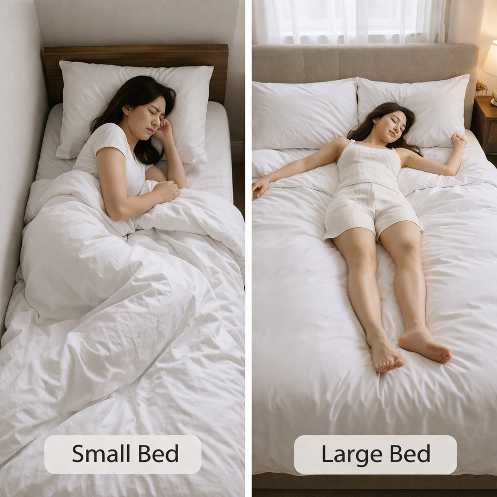 Comparison of a woman on a small bed versus a large bed with white bedding.