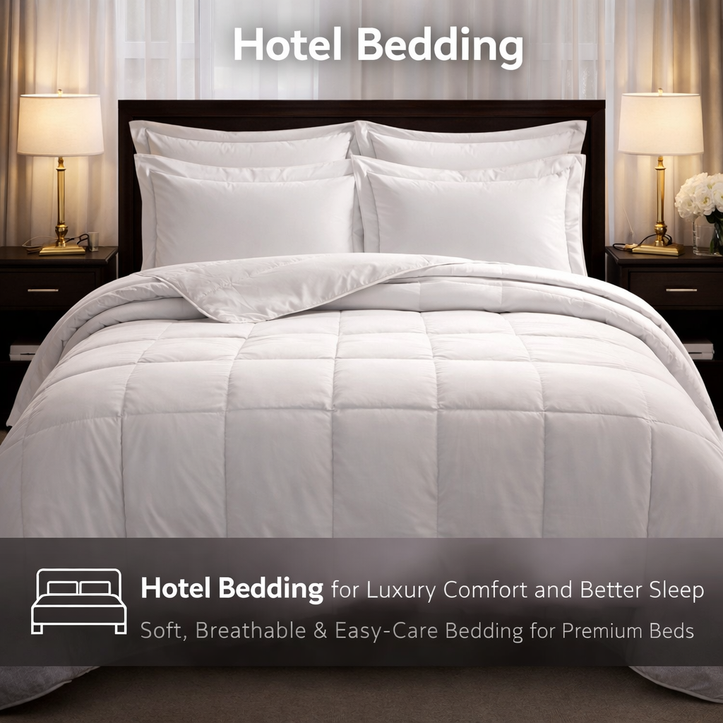 Hotel bedding set on a bed with nightstands and lamps in a bedroom setting.