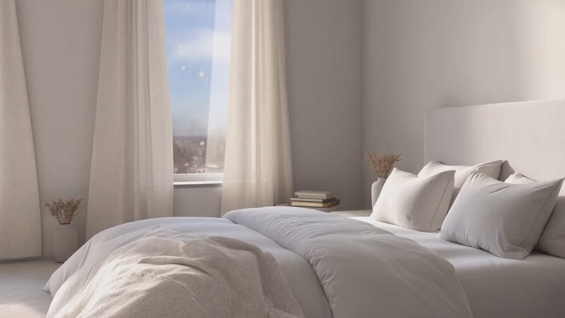 sunlit neutral bedroom soft bedding aesthetic slow motion