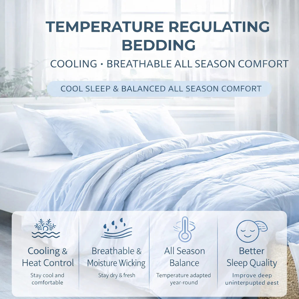 Temperature regulating bedding with text and icons on a bed in a bedroom setting.