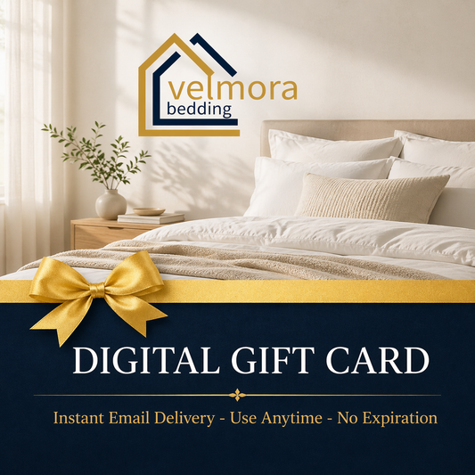 Velmora bedding digital gift card with a bedroom scene and gold bow.